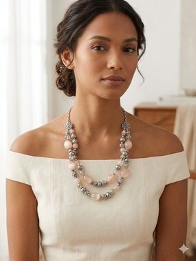 Vintage Double Strand Necklace – Moonstone Pink & Slate Grey Beaded Elegance